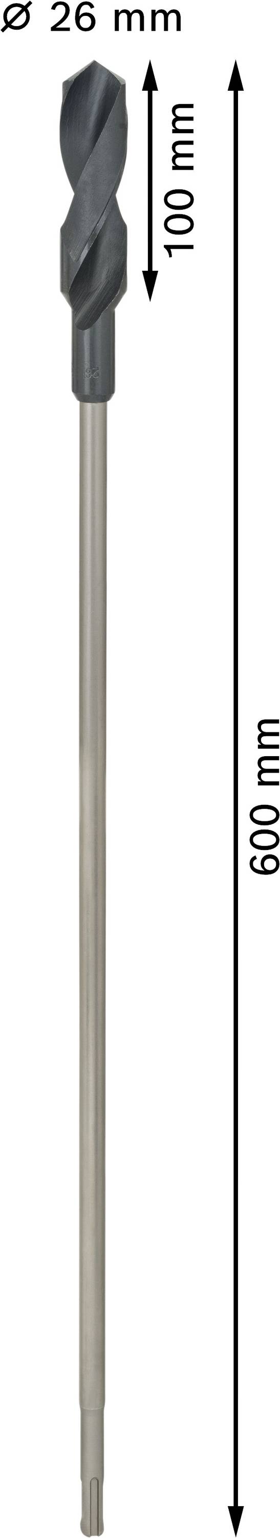 Borr med en diameter på 26 mm och en totallängd på 600 mm. Skärområdet är 100 mm långt.