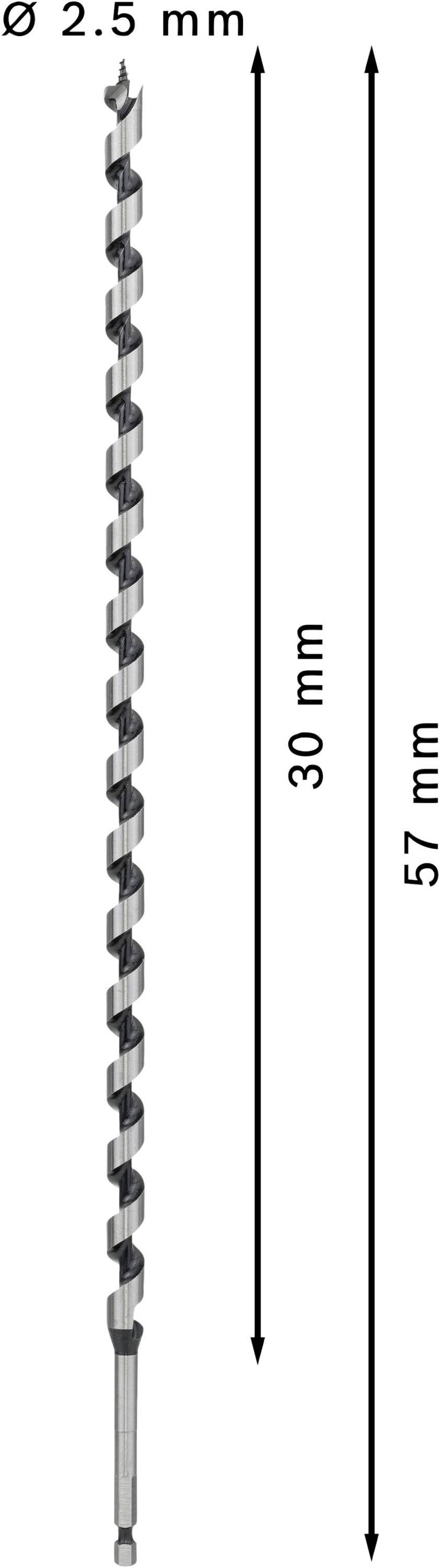 Borr med 2,5 mm diameter och 57 mm total längd, varav 30 mm användbar längd.