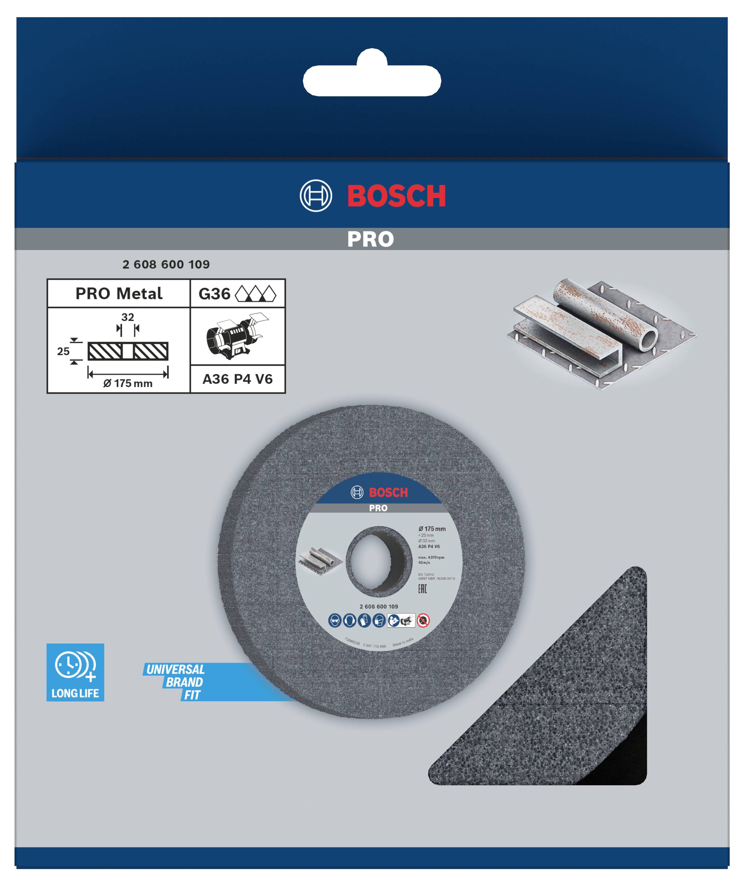 Förpackning av en Bosch PRO kapskiva för metall, storlek 125 x 1 mm. Lämplig för långvariga snitt. Bild av rör.