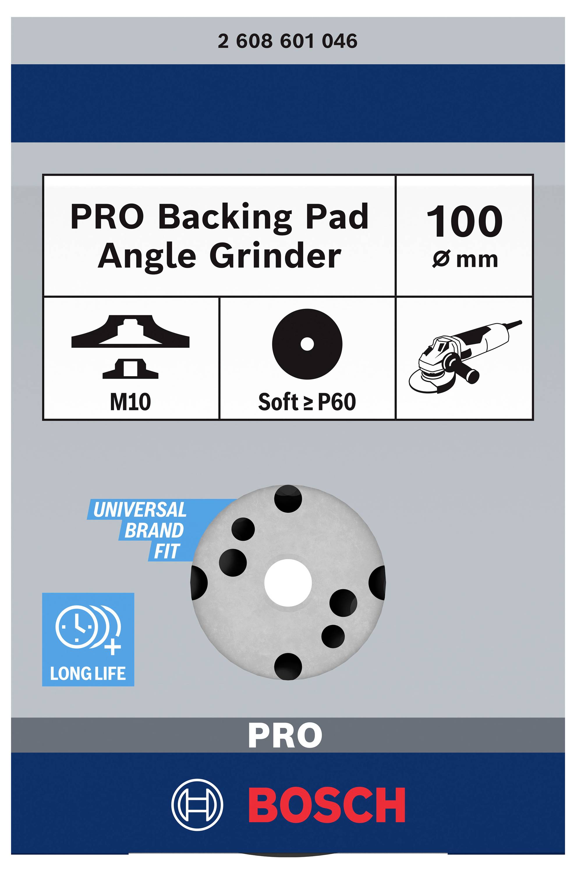 Förpackning för PRO slipskiva för vinkelslip, 100 mm diameter, M10 fäste, mjuk kornighet P60, märke Bosch.