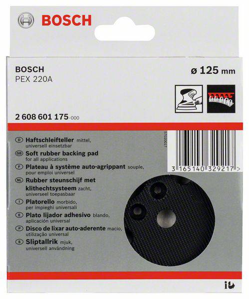 Förpackning för Bosch slipskiva, PEX 220A, diameter 125 mm. Innehåller bild av slipskivan och streckkod.