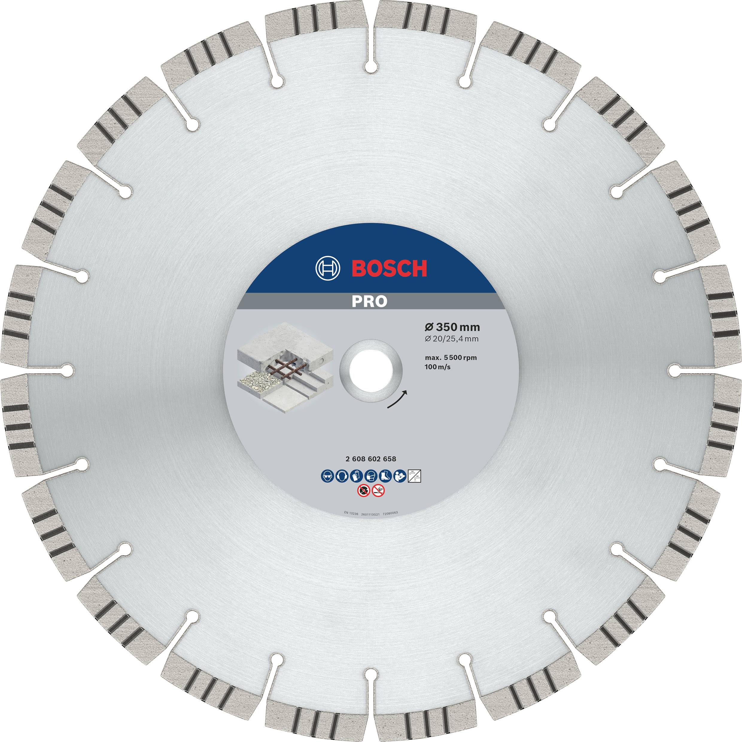Bosch diamantkapskiva från Pro-serien, 350 mm diameter, lämplig för betong- och stenbearbetning.