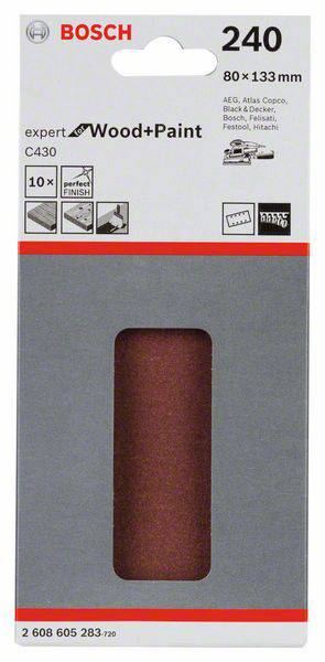 Slippapperspaket från Bosch, kornstorlek 240, lämplig för trä och färg, dimensioner 80 x 133 mm, innehåller 10 stycken.