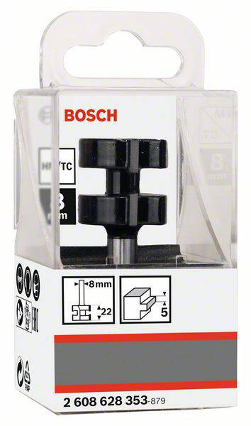 En Bosch fräsborr med 8 mm diameter i en genomskinlig förpackning. Lådan visar specifikationer och Bosch-logotypen.