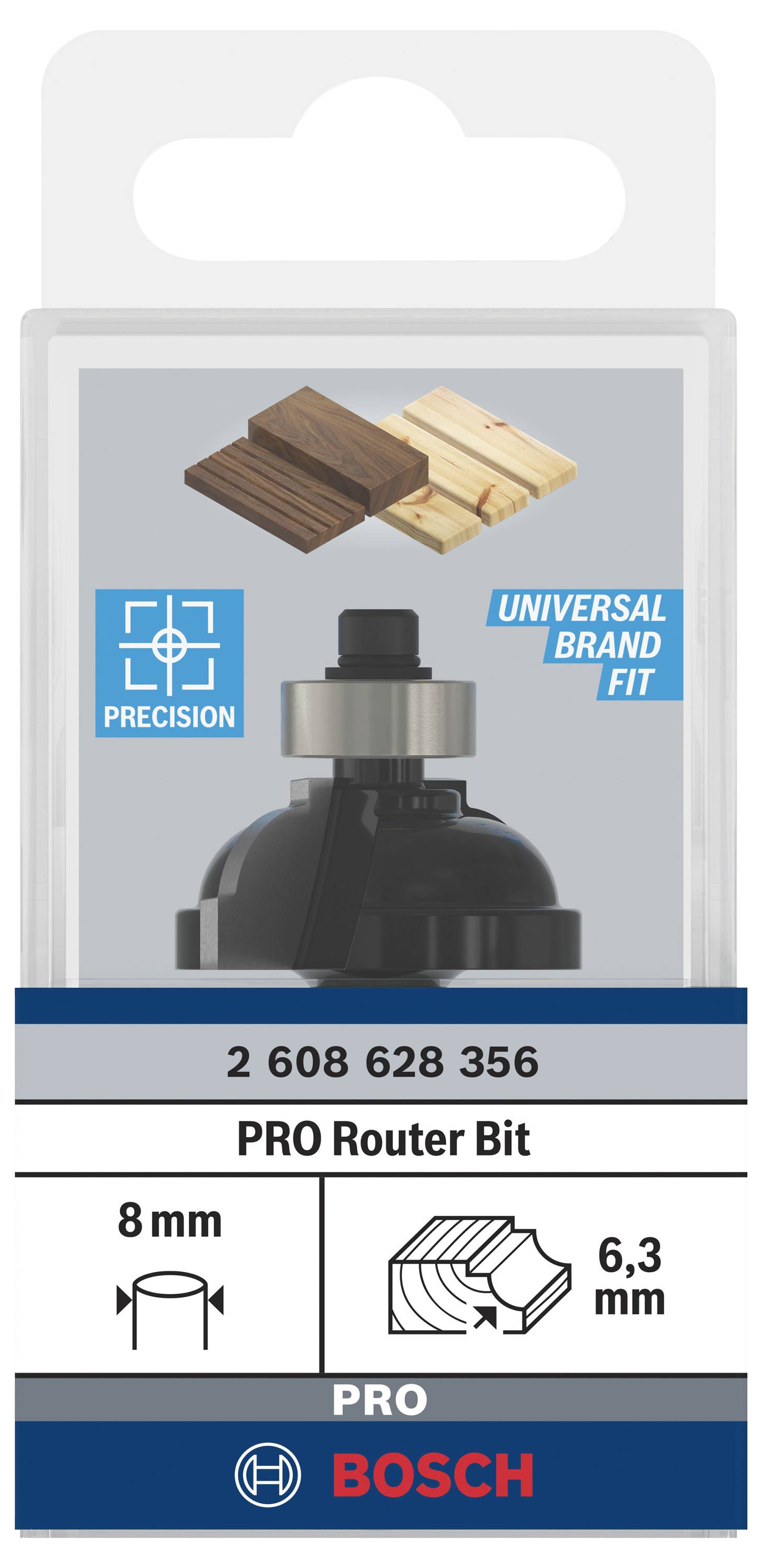 Bild av en svart fräsuppsättning från Bosch, lämplig för precist träarbete, universell passform, skaftdiameter 8 mm.