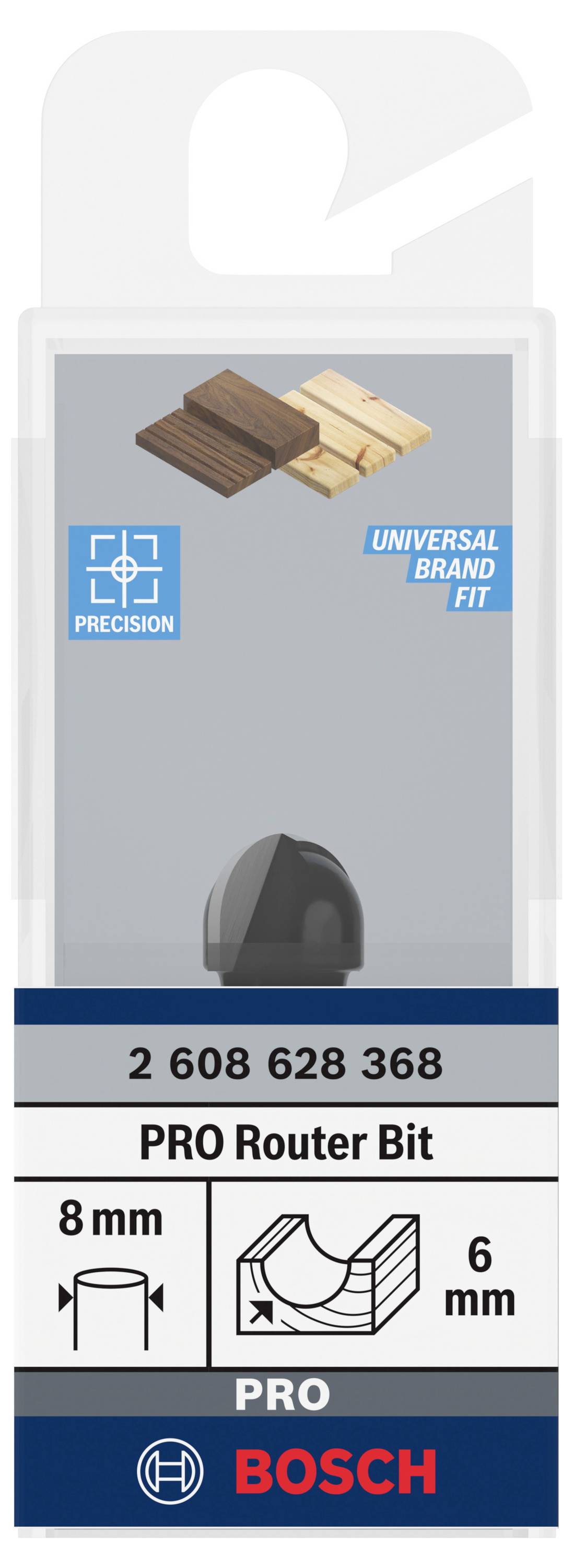 Skärhuvud av en PRO-fräs avbildat. Etiketten visar 'Bosch'-logotyp, passar för universella märkeshållare. Storlek: 8 mm, 6 mm.