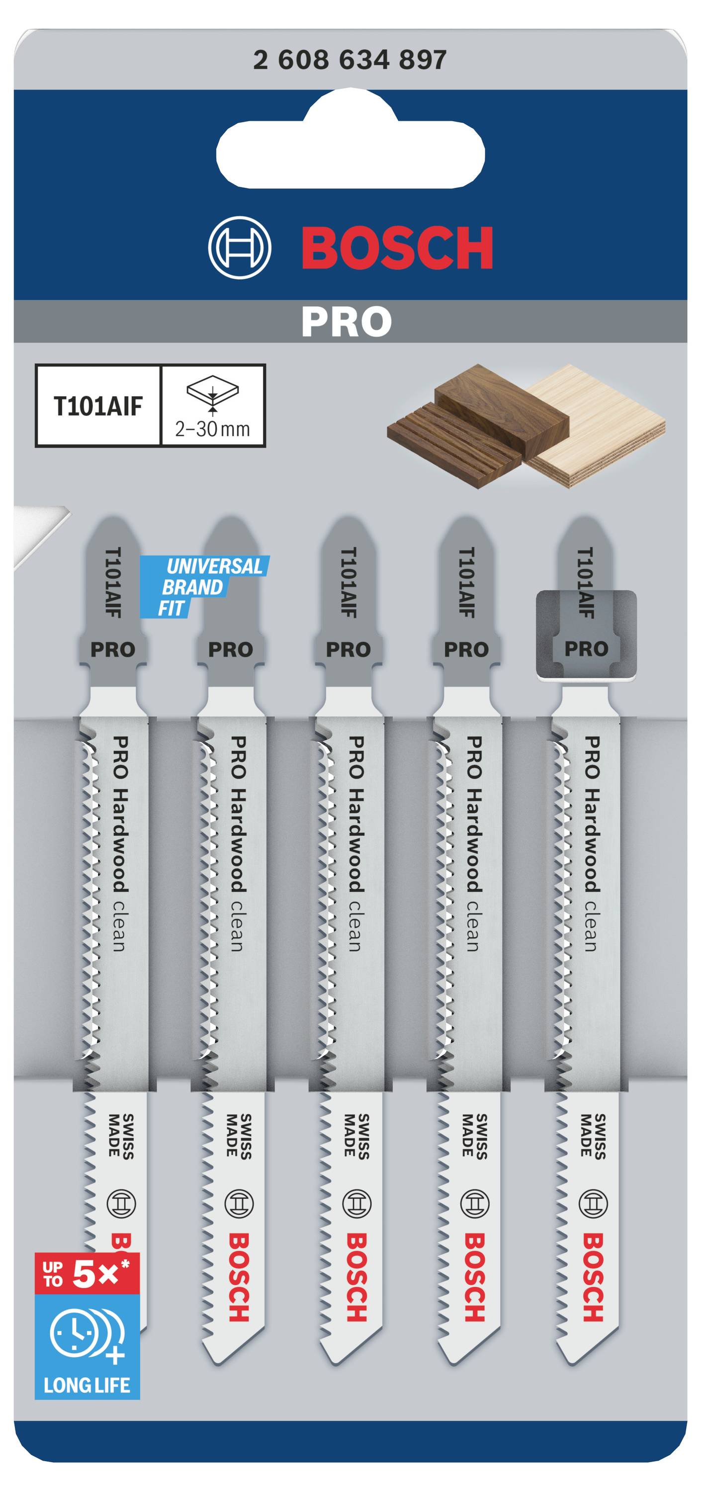 Förpackning med fem Bosch sticksågsblad, idealiska för träarbeten från 2-30 mm. Lämpliga för hårt och mjukt trä, PRO-serien.