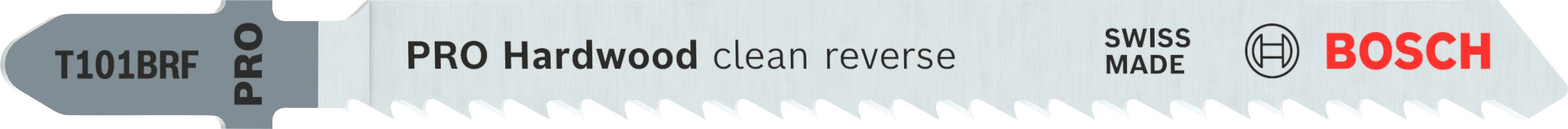 Sågblad med trycket 'Bosch PRO Hardwood clean reverse' och 'SWISS MADE', lämpligt för rena snitt i hårt trä.