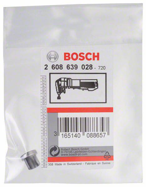 En Bosch-förpackning med en metallkomponent, serienummer '2 608 639 028-720', på vit bakgrund.