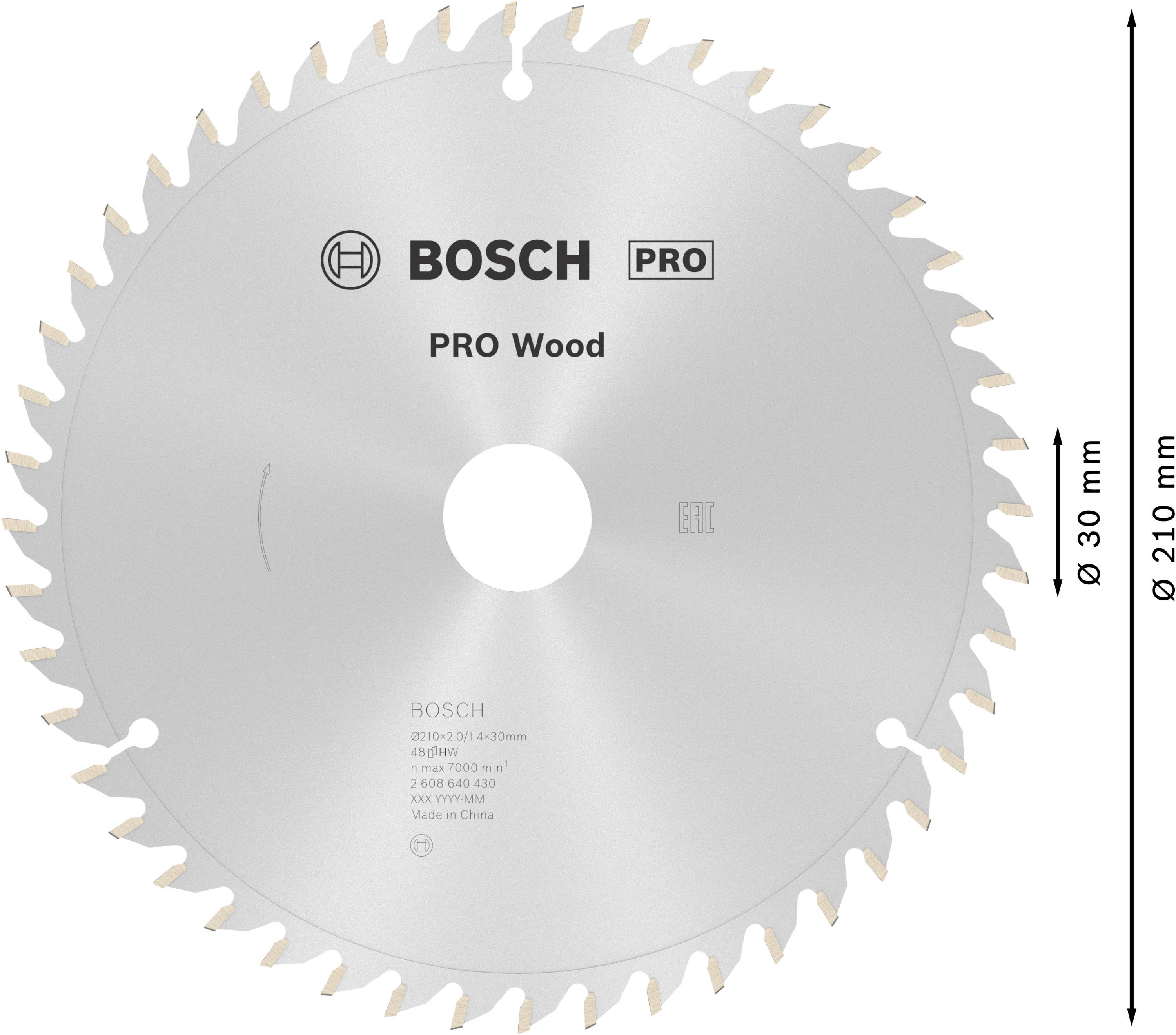 Cirkelsågblad 'Bosch PRO Wood' med 30 mm håldiameter och 210 mm bladdiameter, lämpligt för träbearbetning.