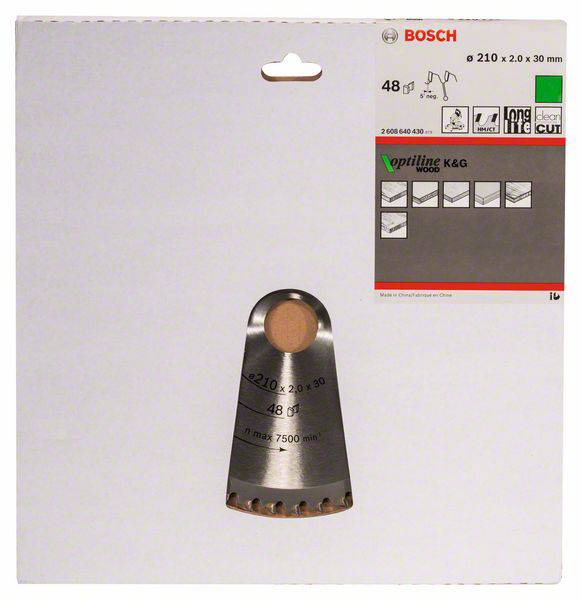Förpackning för Bosch sågklinga, 210 mm diameter, 48 tänder, lämplig för trä. Maximal varvtal: 7500 varv/min.