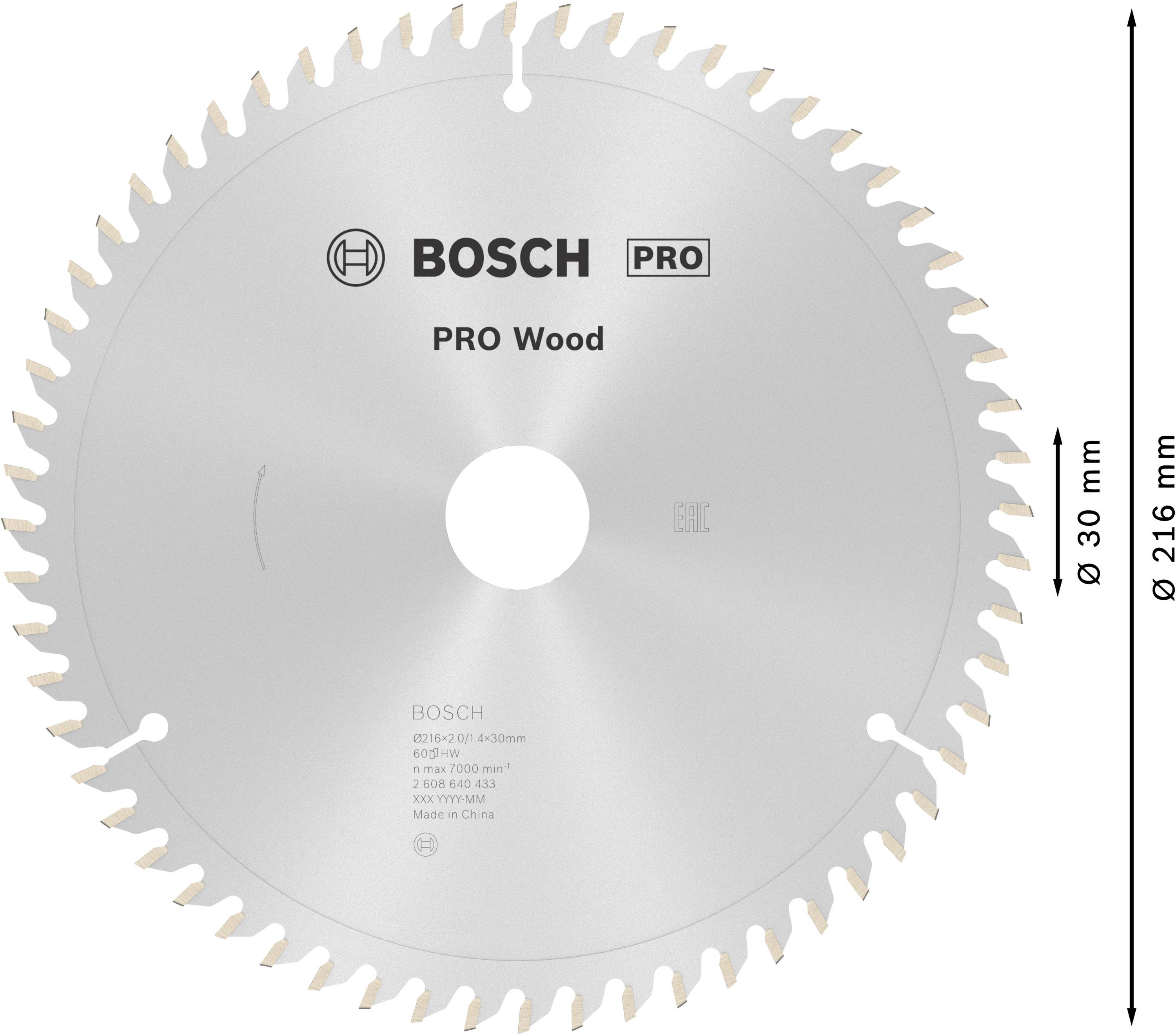 Cirkelsågklinga från Bosch för trä, diameter 216 mm, borrning 30 mm, 60 tänder, lämplig för precisionssågning, tillverkad i Kina.