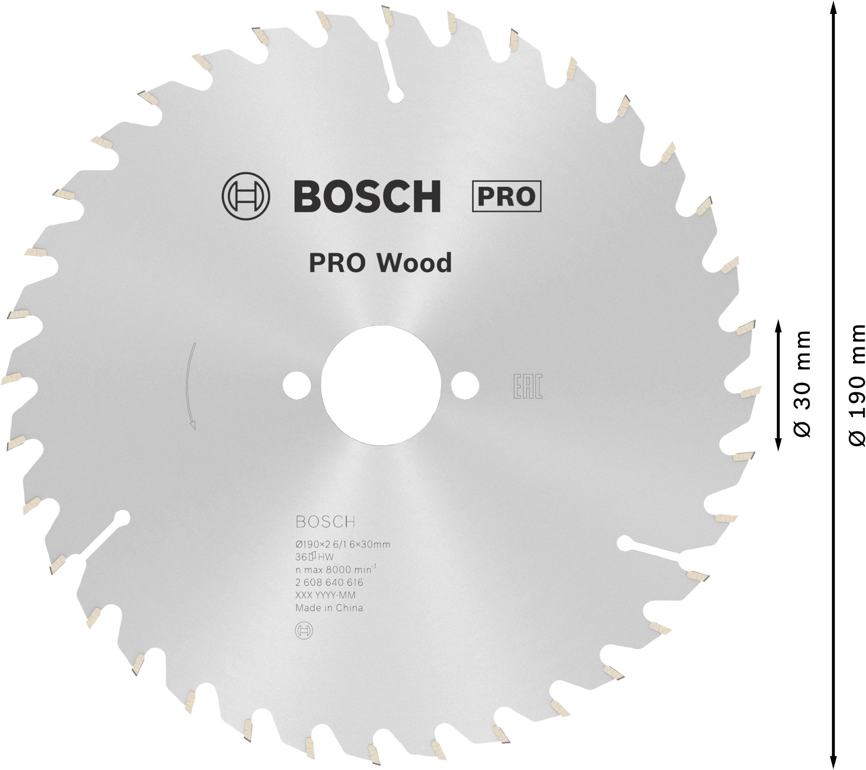 Cirkelsågblad med 24 tänder, märke Bosch, för trä, diameter 190 mm, borrning 30 mm. Idealisk för precisa träsnitt.