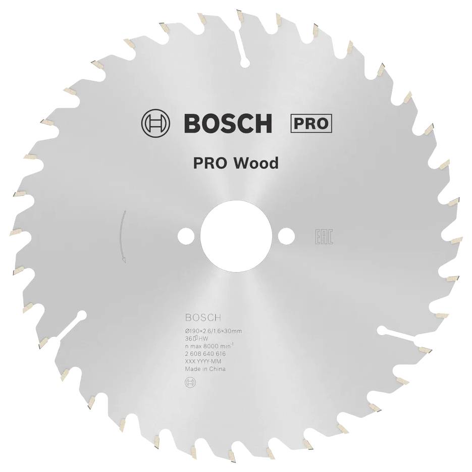 Sågblad med Bosch-logotyp och text: PRO Wood. Lämplig för träkapning, 210x30mm, 30 tänder, max 8000 varv/min, Tillverkad i Kina.