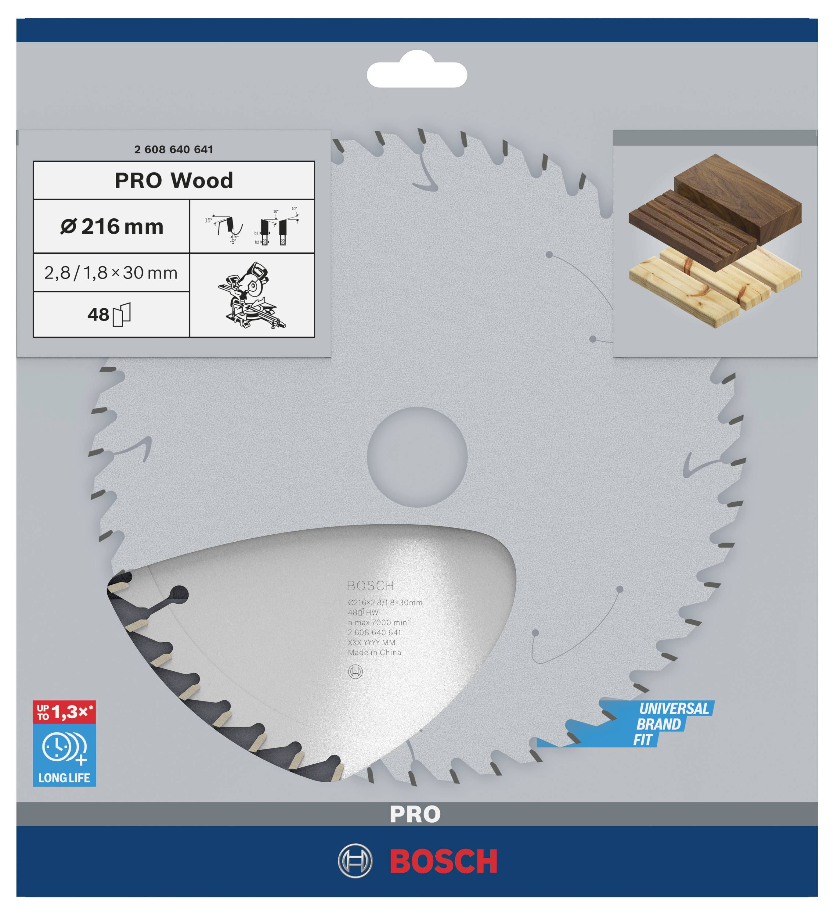 Cirkelsågklinga för trä, diameter 216 mm, 48 tänder. Förpackningen visar träskärningsdiagram. Märke Bosch, lämplig för professionella tillämpningar.