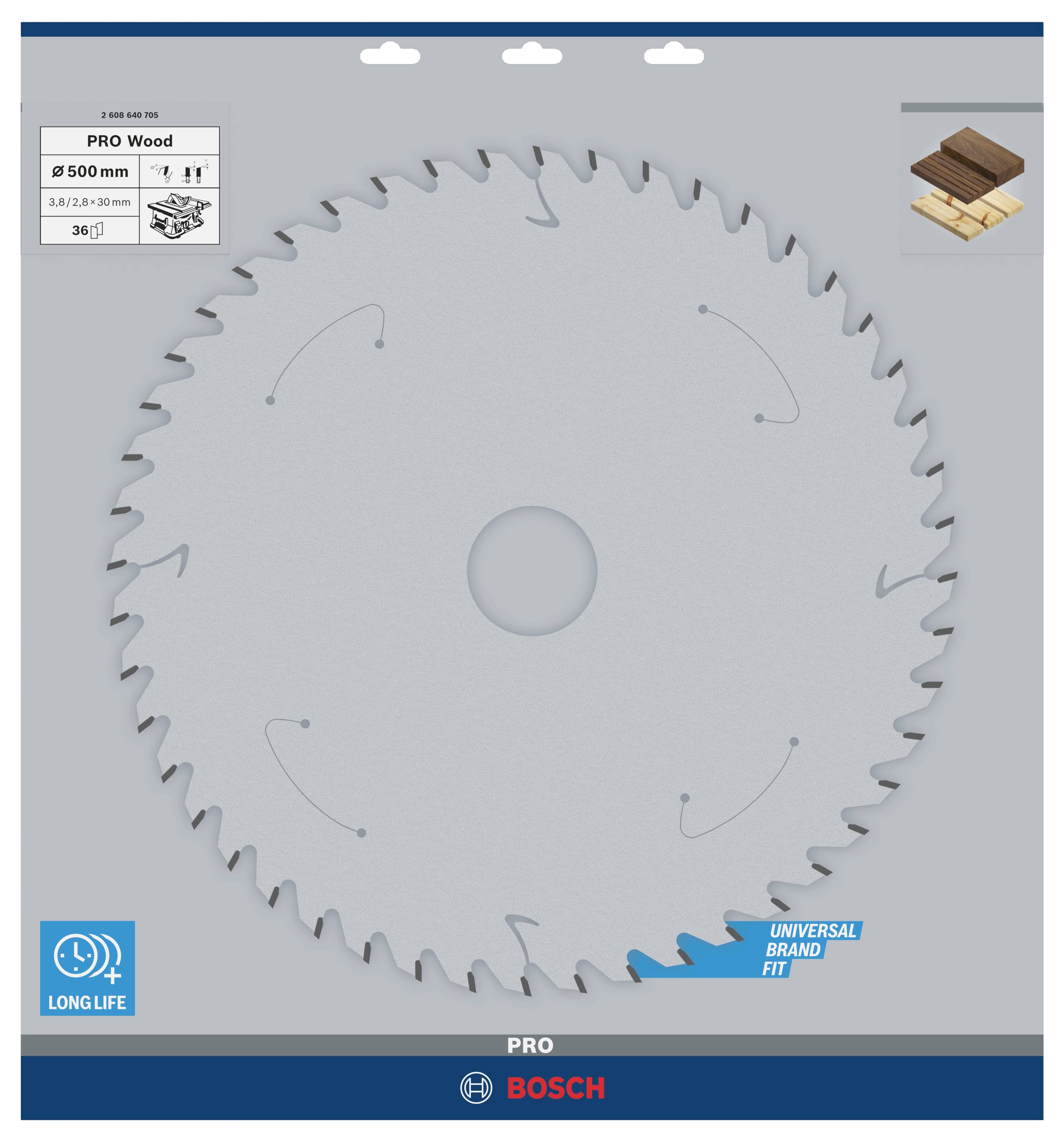 Cirkelsågklinga för trä, 500 mm diameter, 36 tänder. Lämplig för lång livslängd och universella tillämpningar.