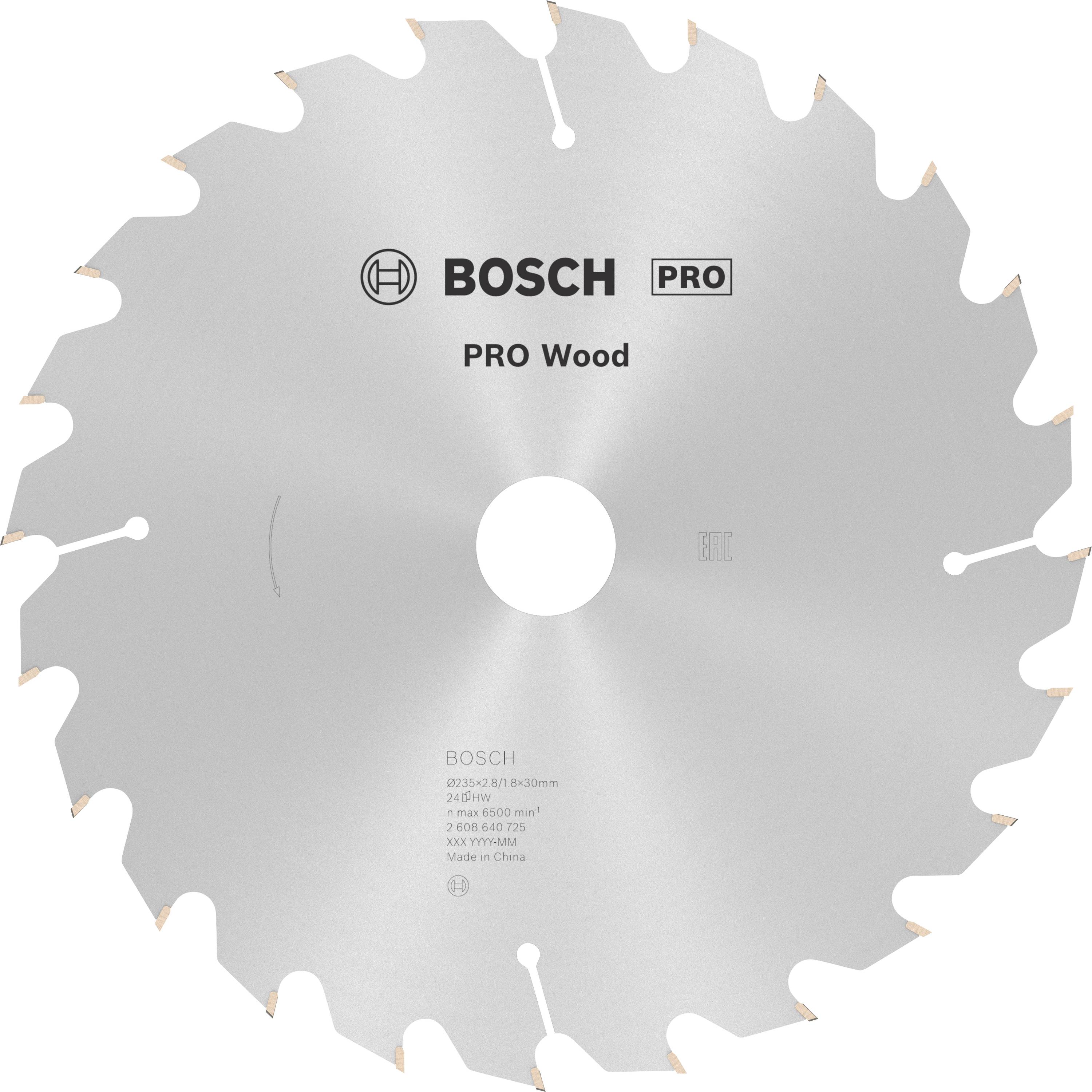 Cirkelsågblad med texten 'Bosch Pro Wood', lämpligt för trä, silverfärgat och tandförsett. Innehåller tekniska specifikationer.