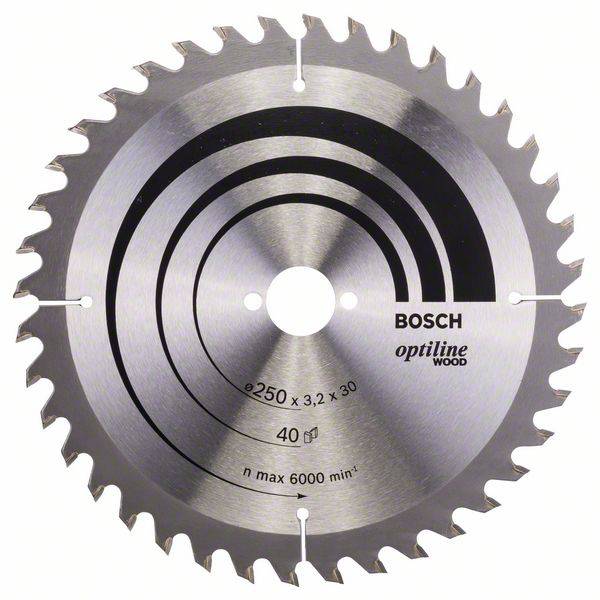 Bosch-sågklinga, modell Optiline Wood, diameter 250 mm, 40 tänder, max. 6000 varv/min.