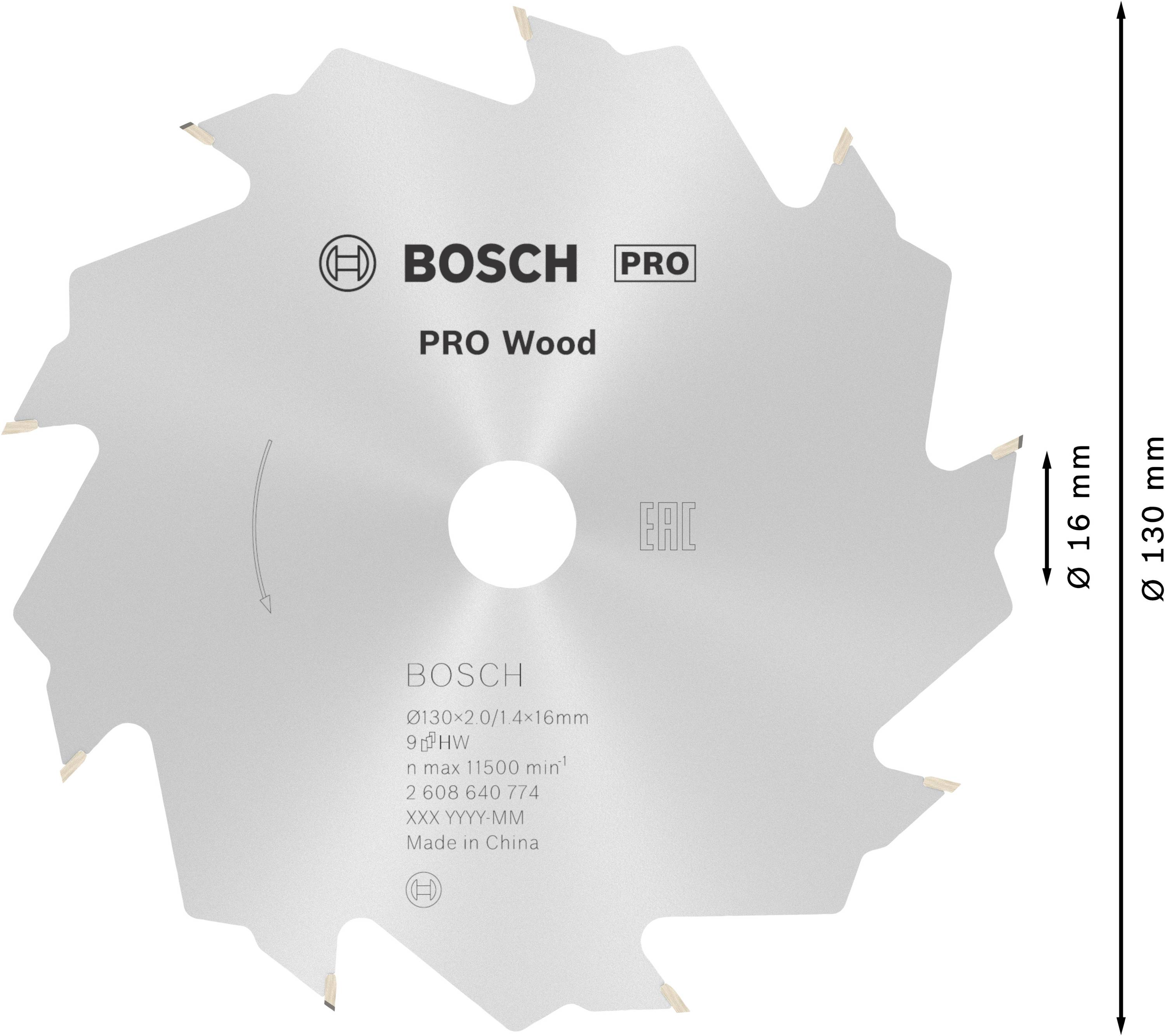 Sågblad 'BOSCH PRO Wood' med 16 tänder, 130 mm diameter, lämpligt för träarbeten. Innehåller varumärkeslogotyp och specifikationer.