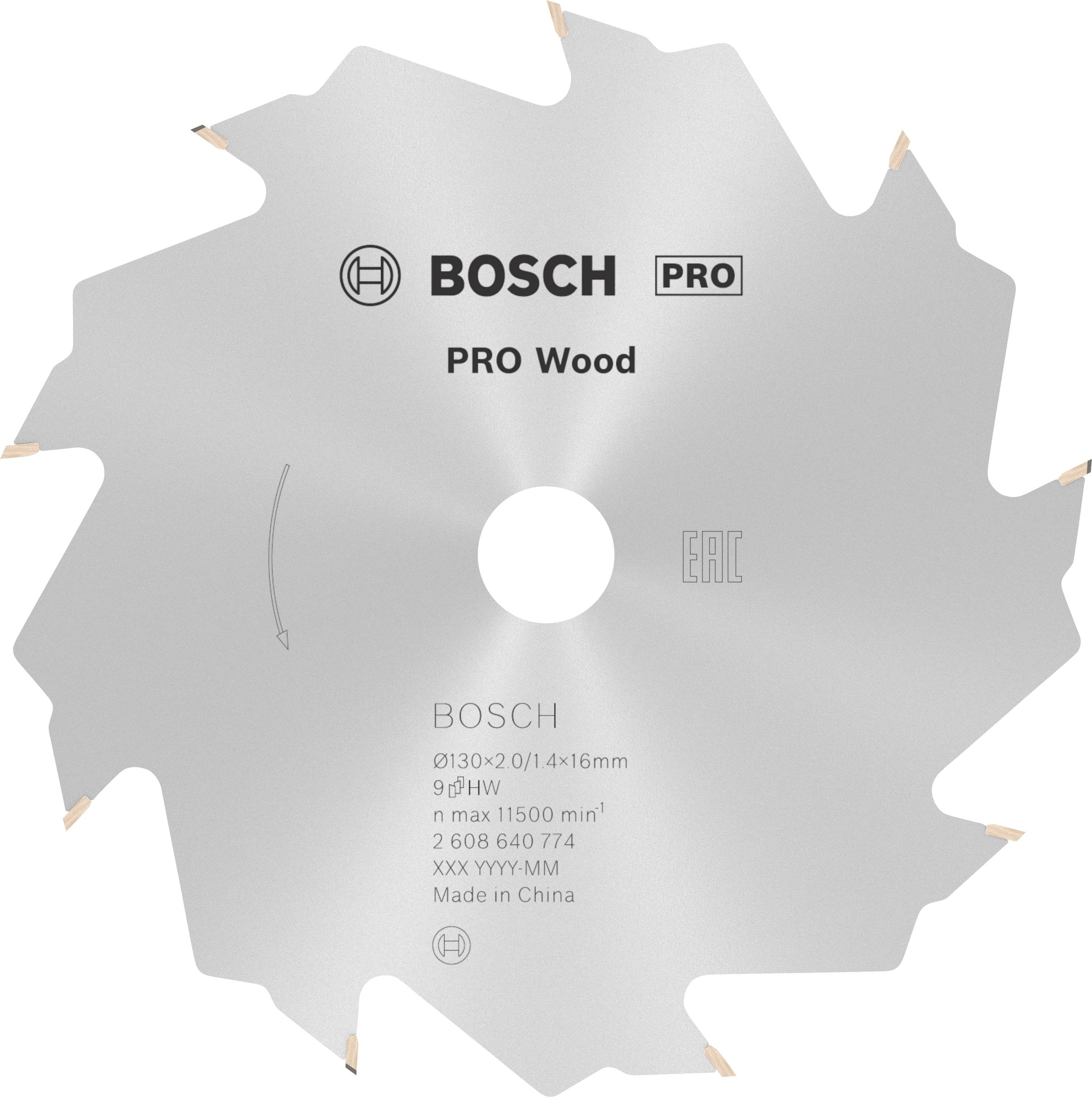 Bosch Pro Wood cirkelsågblad med dimensionerna 130x2,0/1,4x16mm, lämpligt för träarbeten, tillverkat i Kina.
