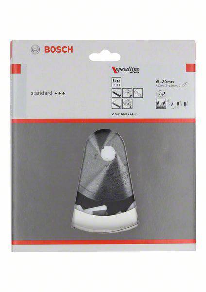Förpackning till en Bosch cirkelklingas skiva, lämplig för trä, med 130 mm diameter. Visar produkten och dess specifikationer.