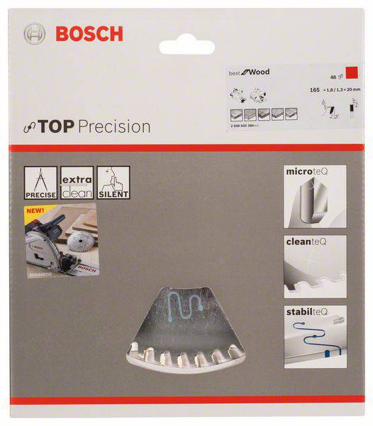Förpackningen visar ett Bosch sågblad 'Top Precision' för trä. Innehåller symboler som indikerar precisionsskär, extra renhet och tyst drift.