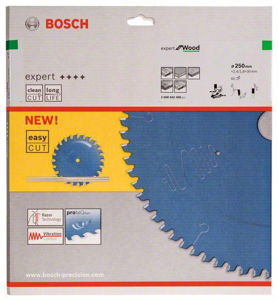 Förpackning för Bosch sågblad 'Expert for Wood' med 250 mm diameter. Betoning på 'easy CUT'. Egenskaper: lång livslängd, rena snitt.