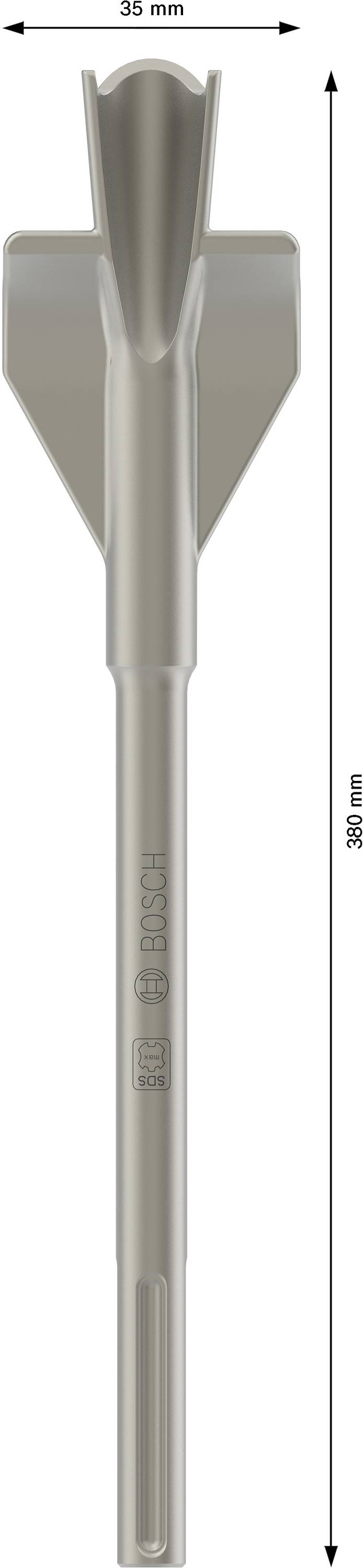 En grå SDS max plattmejsel med markeringarna '35 mm' och '400 mm' visar sina mått.