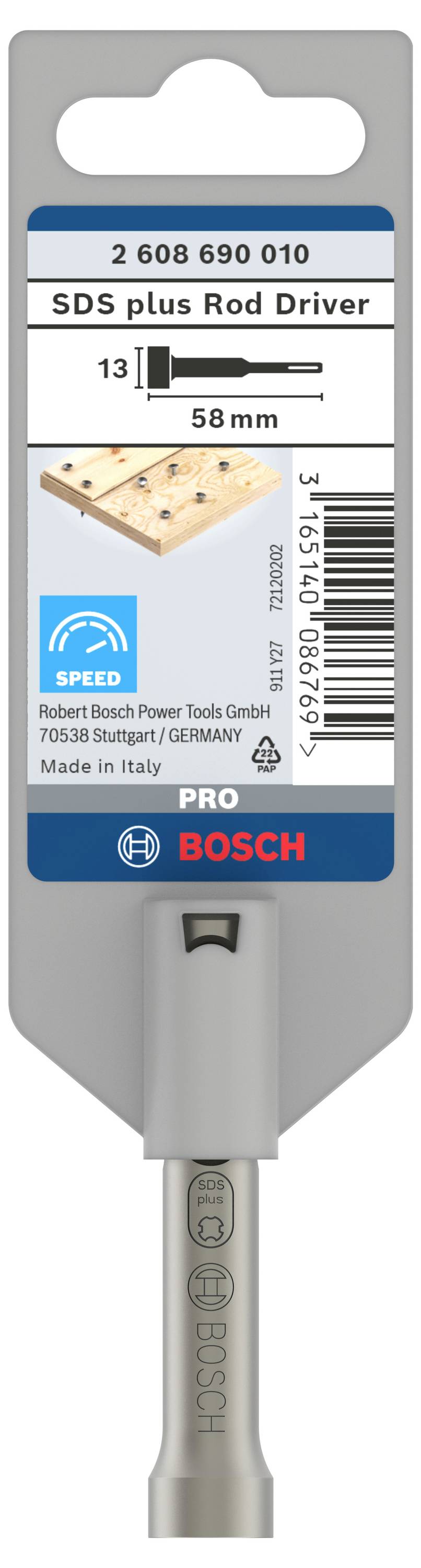 SDS plus-borr från Bosch, 13 mm diameter, 58 mm längd, lämplig för betongborrning. Förpackningen betonar precision och kvalitet.