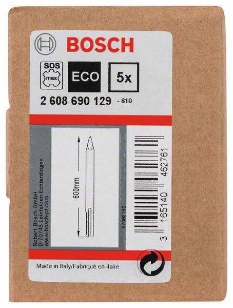 Förpackning för Bosch SDS Max borr, ECO-serien, 5 stycken. Artikelnummer: 2 608 690 129. Borrlängd: 600 mm. Tillverkad i Italien.