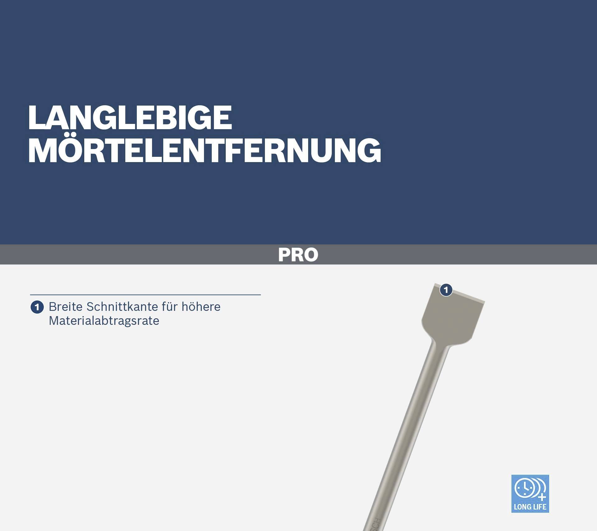 'Lång livslängd fogborttagning Pro. Bred skäregg för högre materialavverkningsgrad.' Verktyg avbildat.