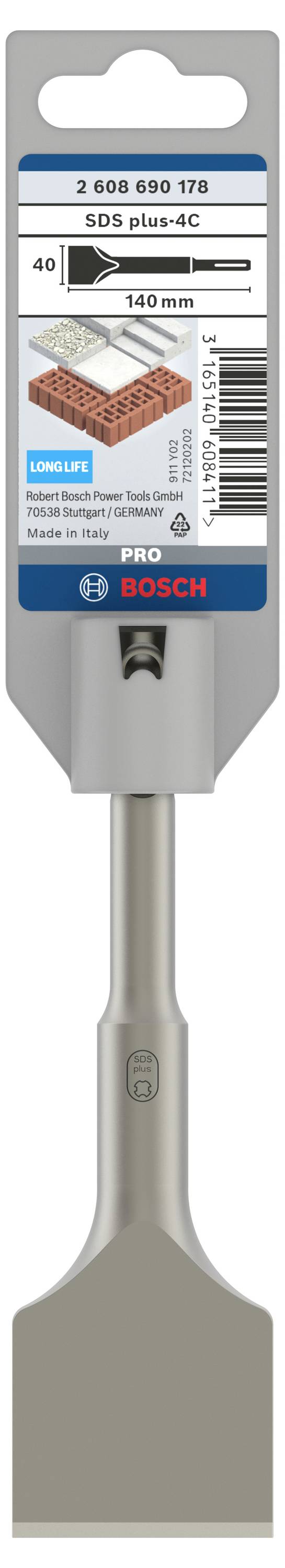 Borr med platt mejselspets för murverksarbeten som illustration på förpackningen. Längd 140 mm, bredd 40 mm. Märke 'Bosch'.