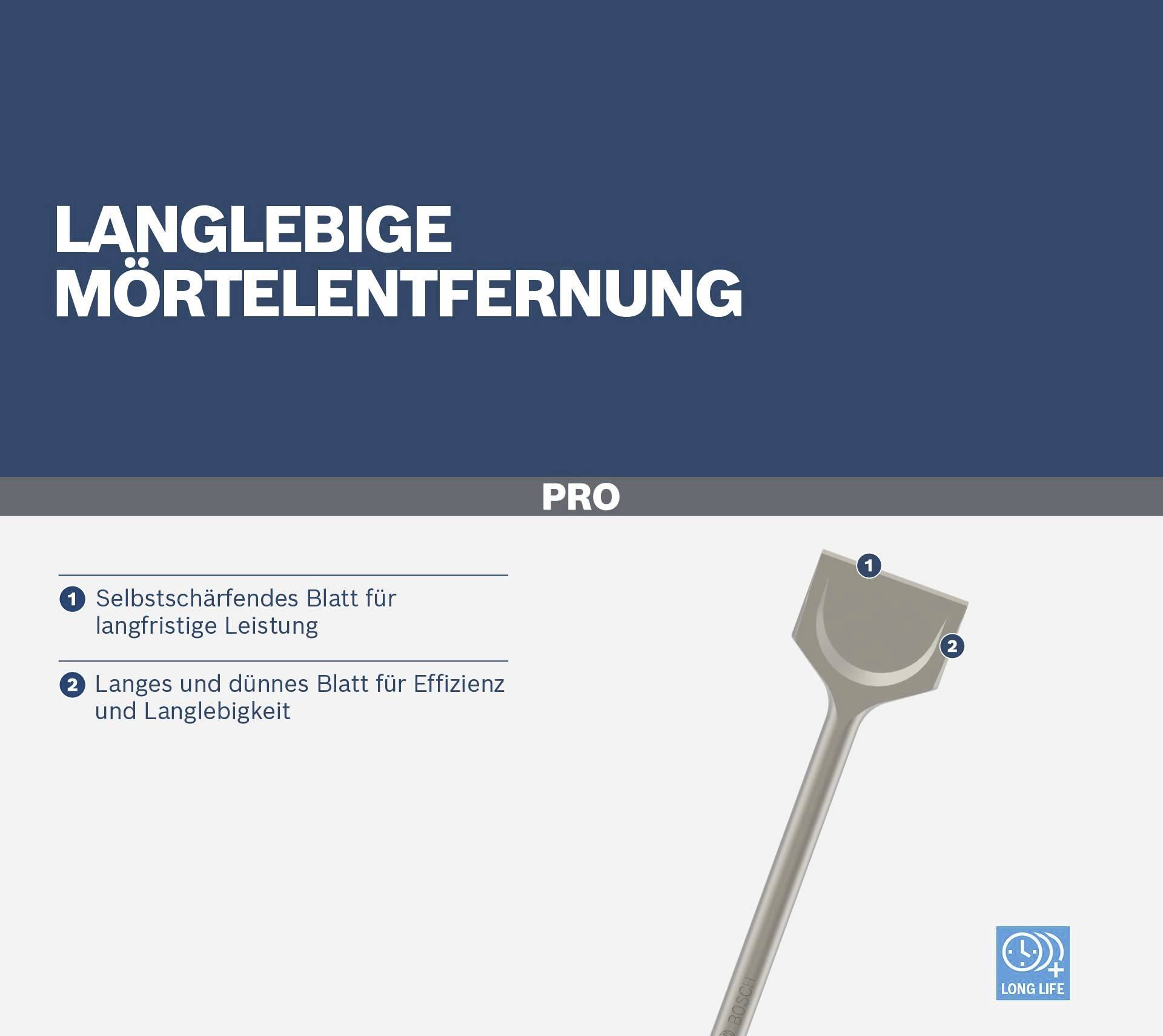'Långvarig Murbruksborttagning Pro' visar upp ett självslipande, långt, tunt blad för effektiv prestanda och hållbarhet.