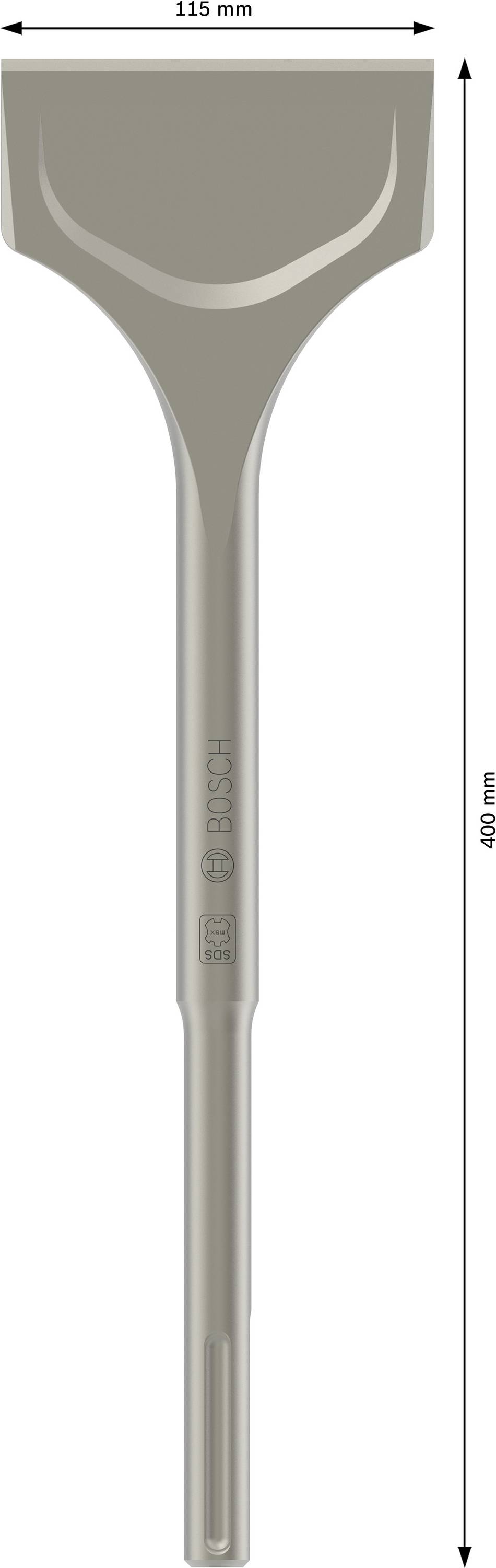 Brett plattmejsel med mått: 115 mm bredd, 400 mm längd. Lämplig för rivningsarbeten och stenbearbetning.