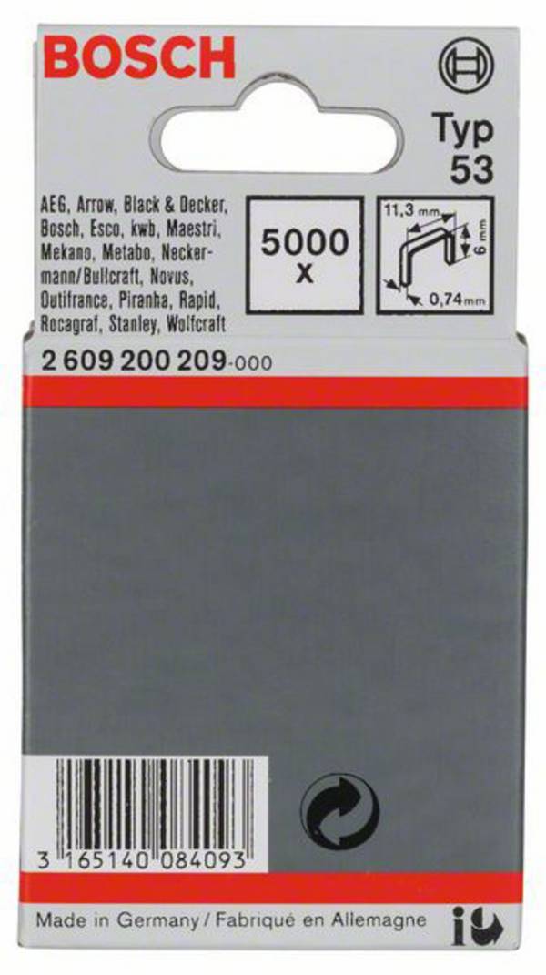 Fintrådsklammer typ 53 - 11,4 x 0,74 x 6 mm 5000 st Bosch Accessories 2609200209 Mått (L x B) 6 mm x 11.4 mm