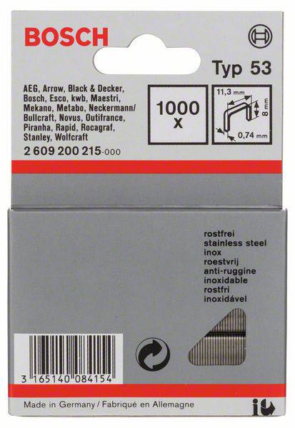 Förpackning med Bosch häftklamrar typ 53, 1000 stycken, 11,3 mm x 8 mm. Lämplig för olika verktygsvarumärken, tillverkade av rostfritt stål.