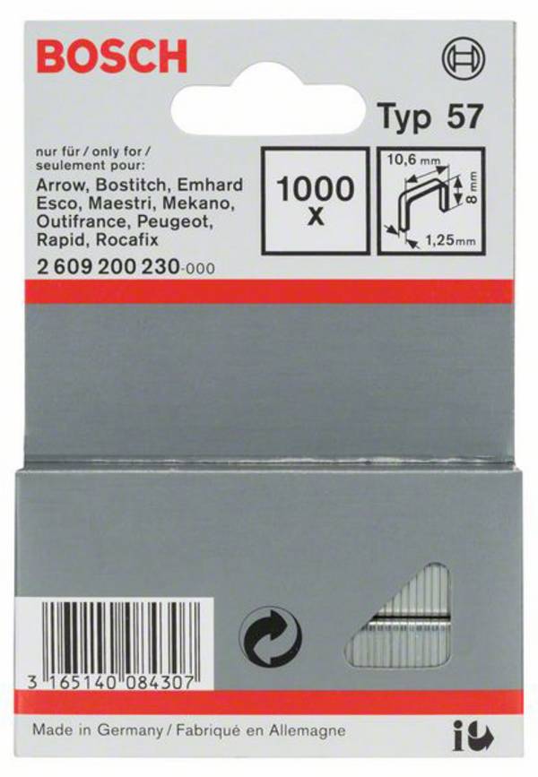 Plantrådsklammer typ 57 - 10,6 x 1,25 x 8 mm 1000 st Bosch Accessories 2609200230 Mått (L x B) 8 mm x 10.6 mm