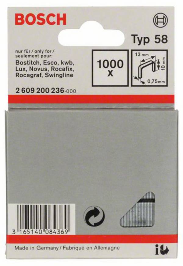 Fintrådsklammer typ 58 - 13 x 0,75 x 10 mm 1000 st Bosch Accessories 2609200236 Mått (L x B) 10 mm x 13 mm