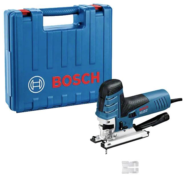 En blå sticksåg från Bosch med ett svart handtag är placerad bredvid en matchande blå transportlåda.