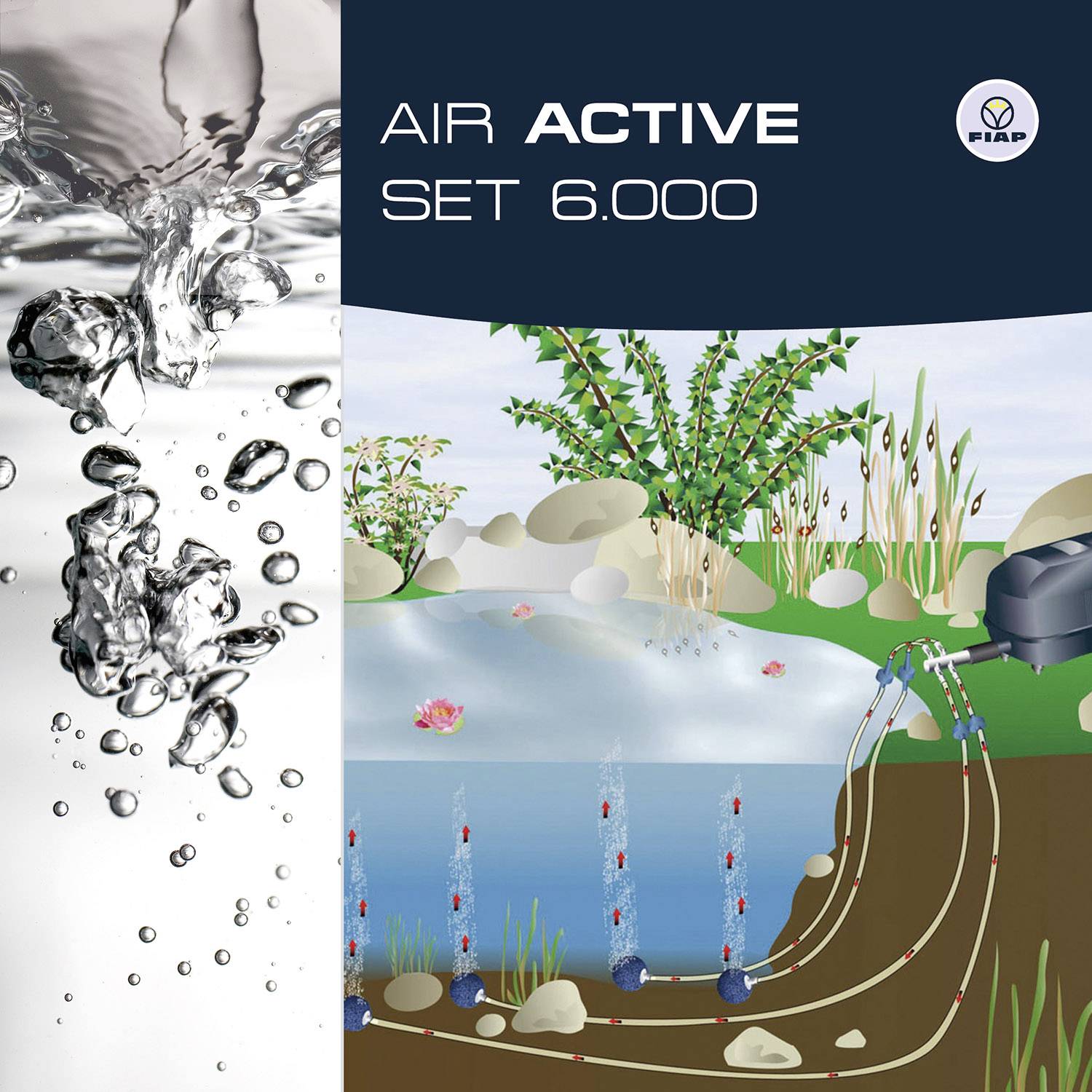 'Air Active Set 6.000' med illustration av ett dammarveningssystem och vattenväxter, bredvid förstorade vattenbubblor.