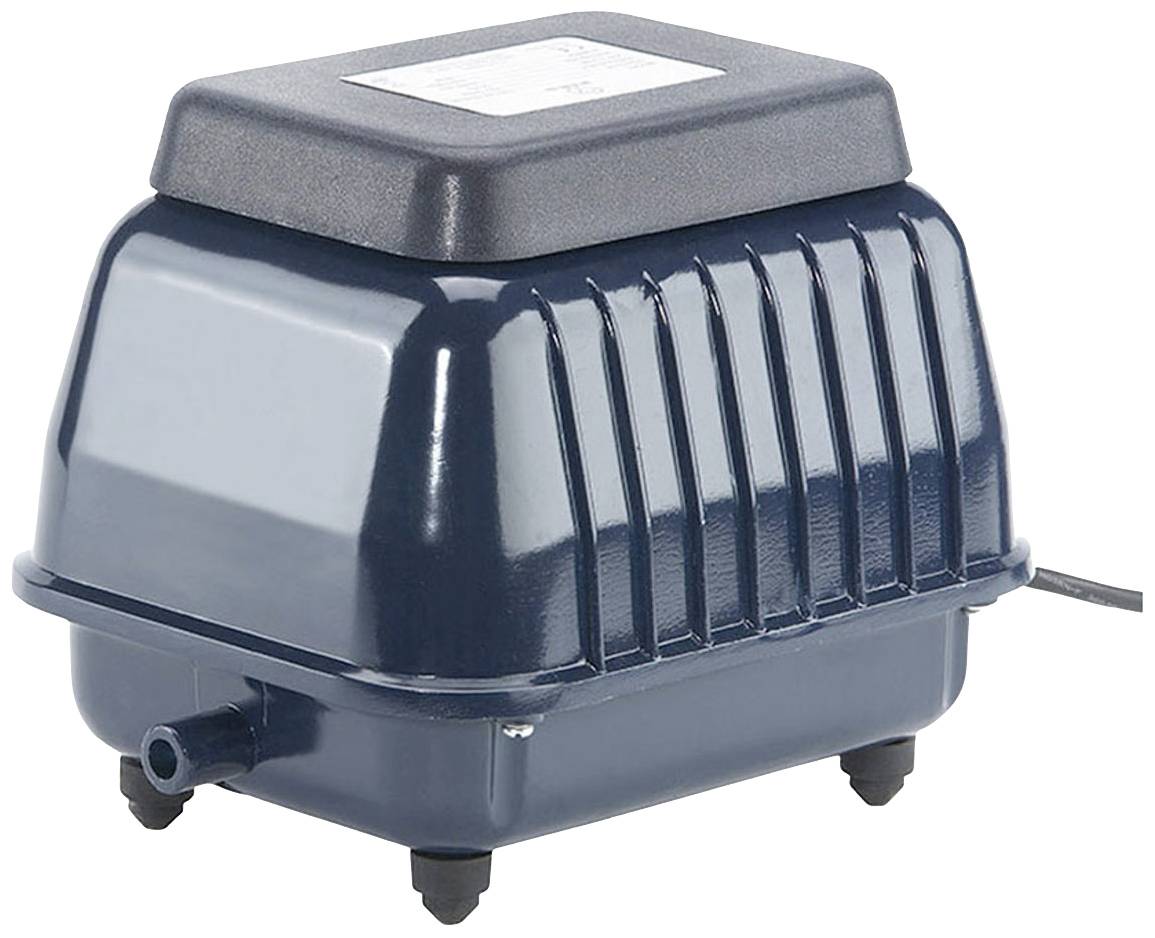 Blå, rektangulär, elektrisk luftpumpskompressor med räfflad yta och svart lock, vilande på små fötter.