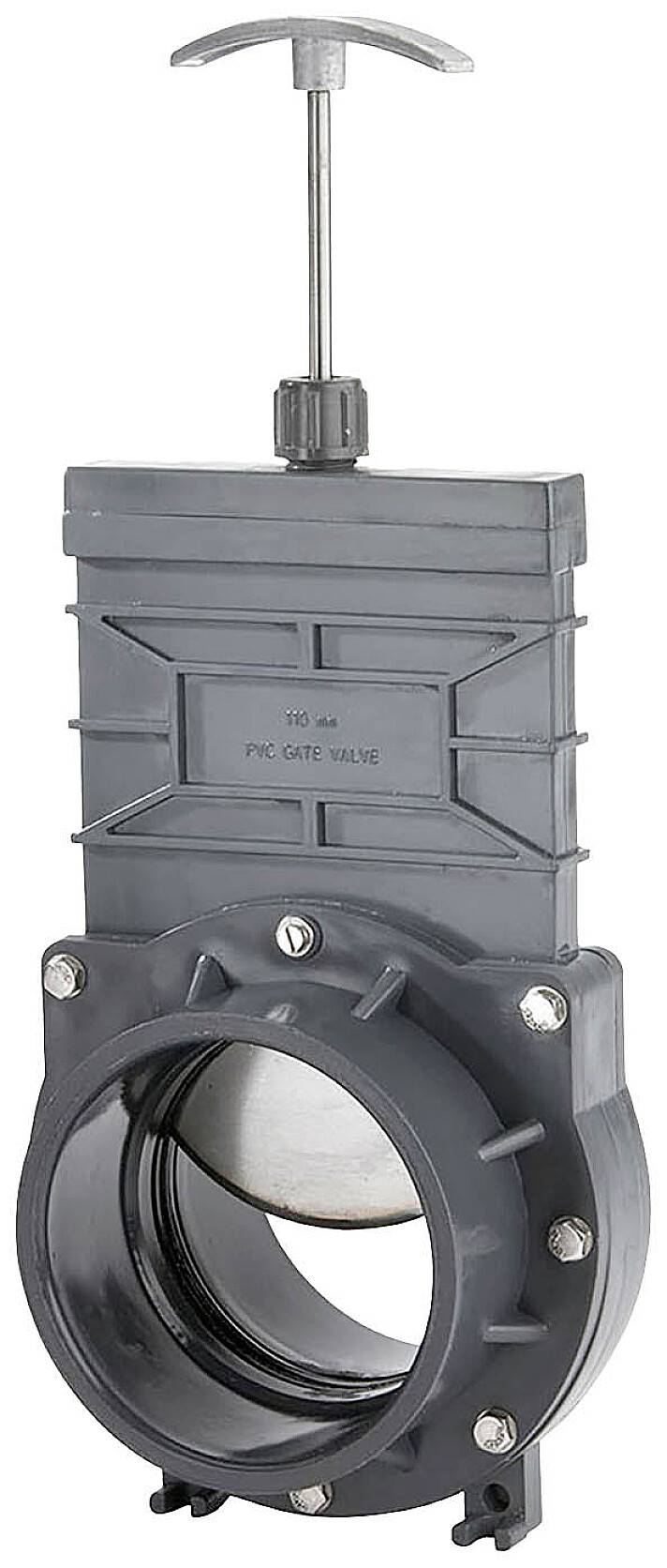 Grått PVC-skjutventil med T-handtag ovanpå; används för att kontrollera vätskeflödet i rörledningar.