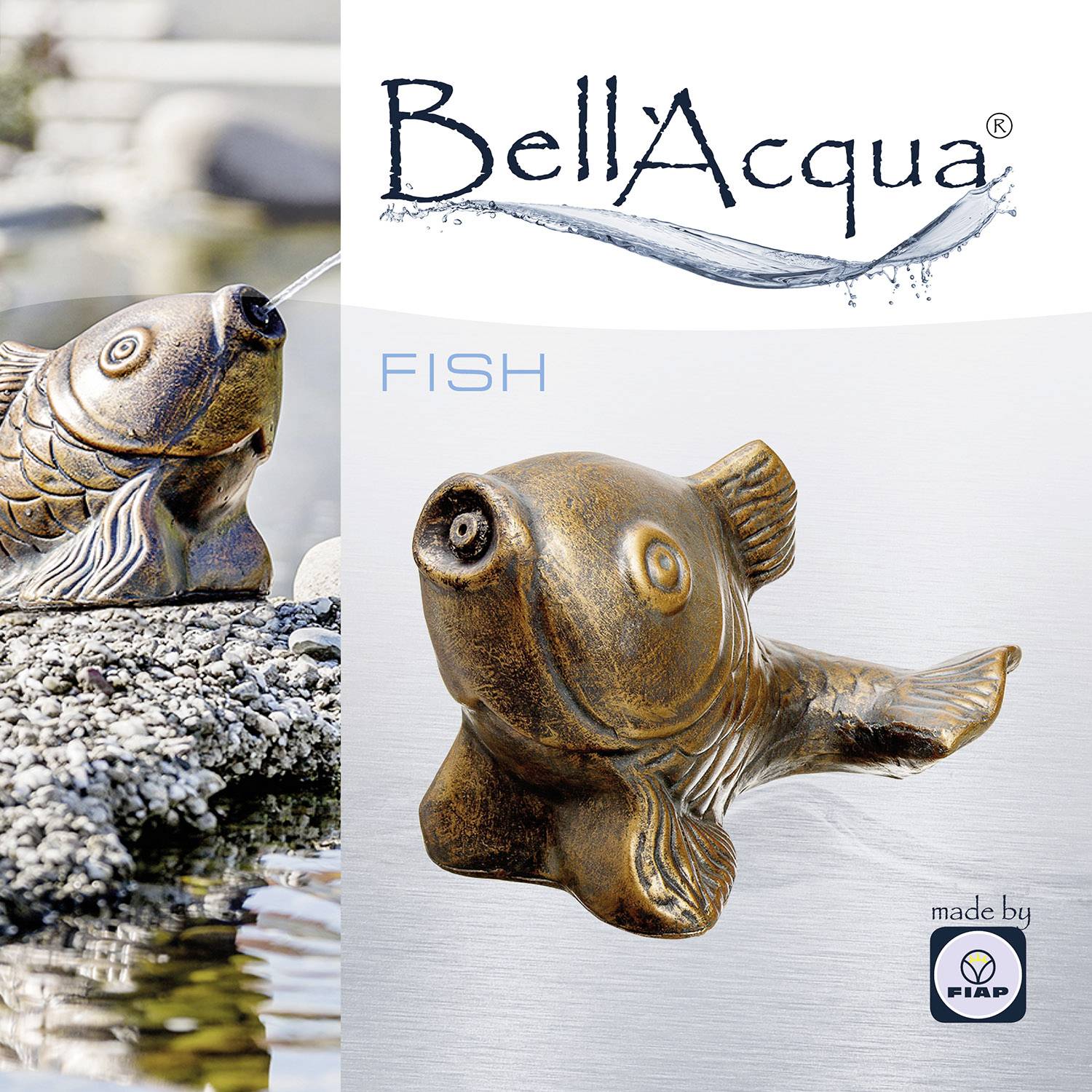 'Keramisk fisk med komplex struktur på gråa stenar under BellAcqua-logotypen.'