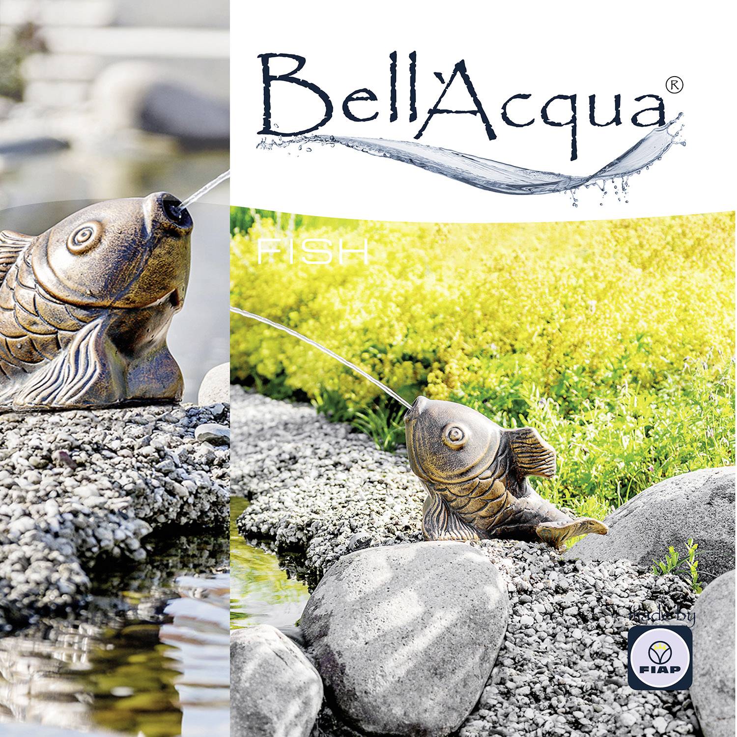 Stenstatyett av en fisk som sprutar vatten i en damm. Text 'Bell'Acqua' i bakgrunden. Lantlig trädgårdsscen med klippor.