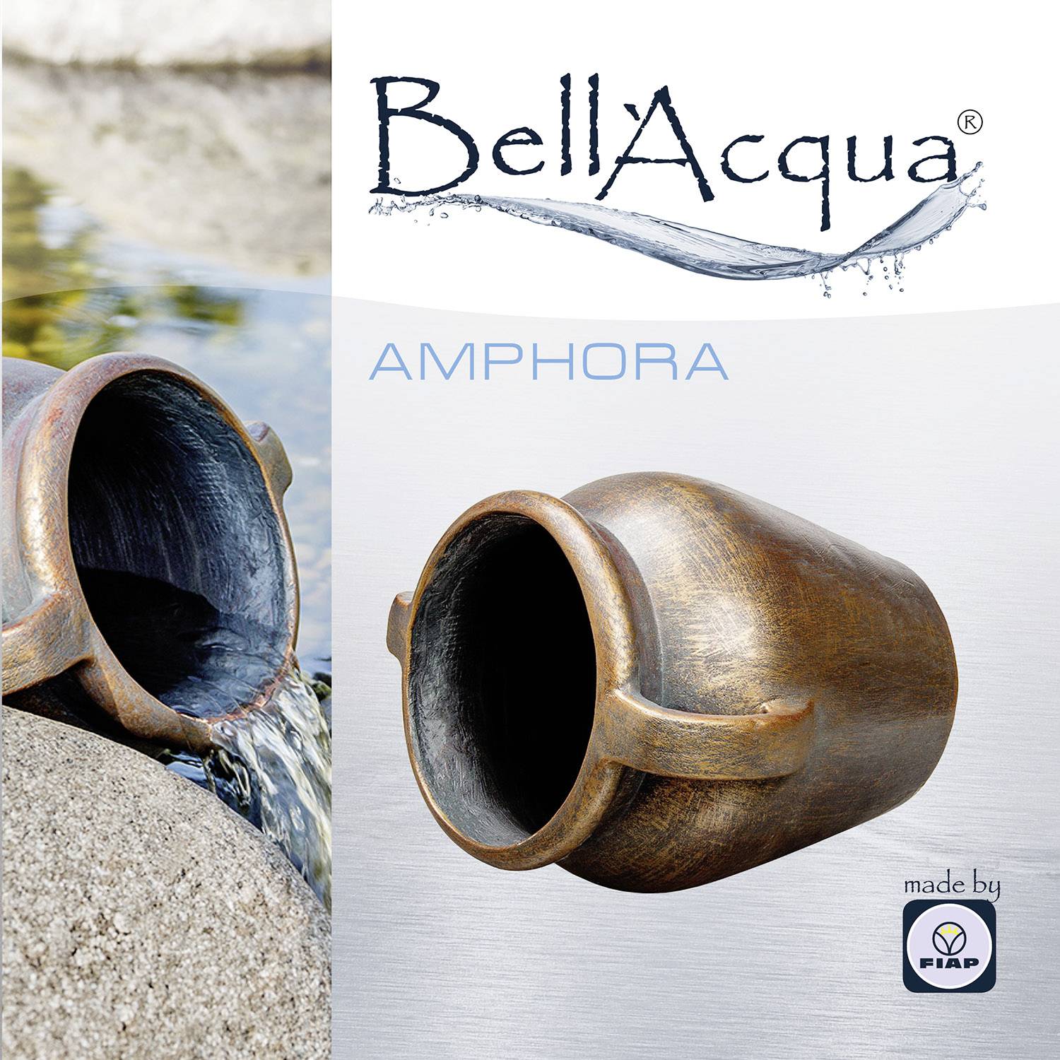 Ett lerföremål ligger på en stenyta. Till höger bredvid syns logotypen 'BellAcqua Amphora'.