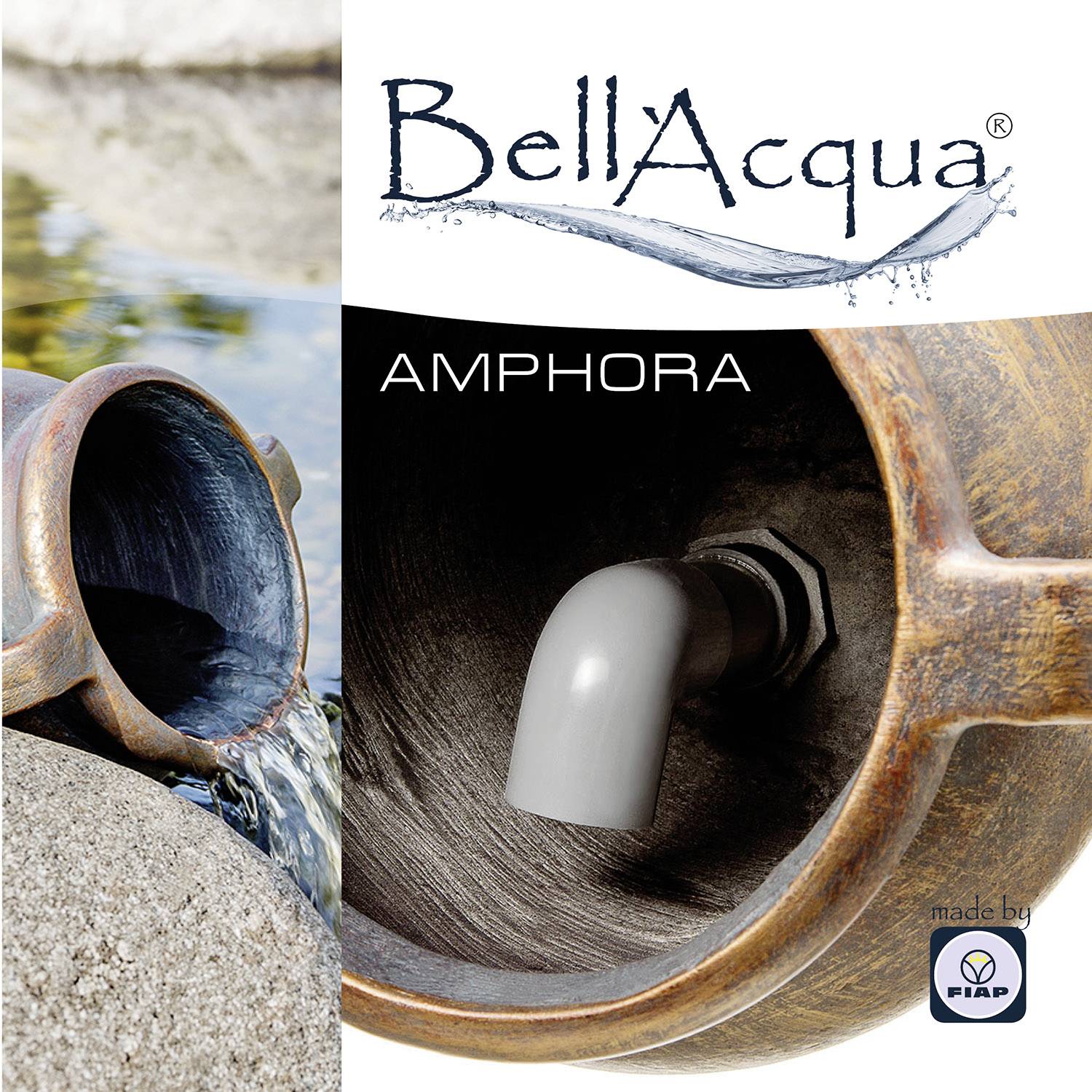 En tonamfora med vattentillförsel. Till vänster vatten från floden bredvid amforan. Text 'BellAcqua Amphora'.