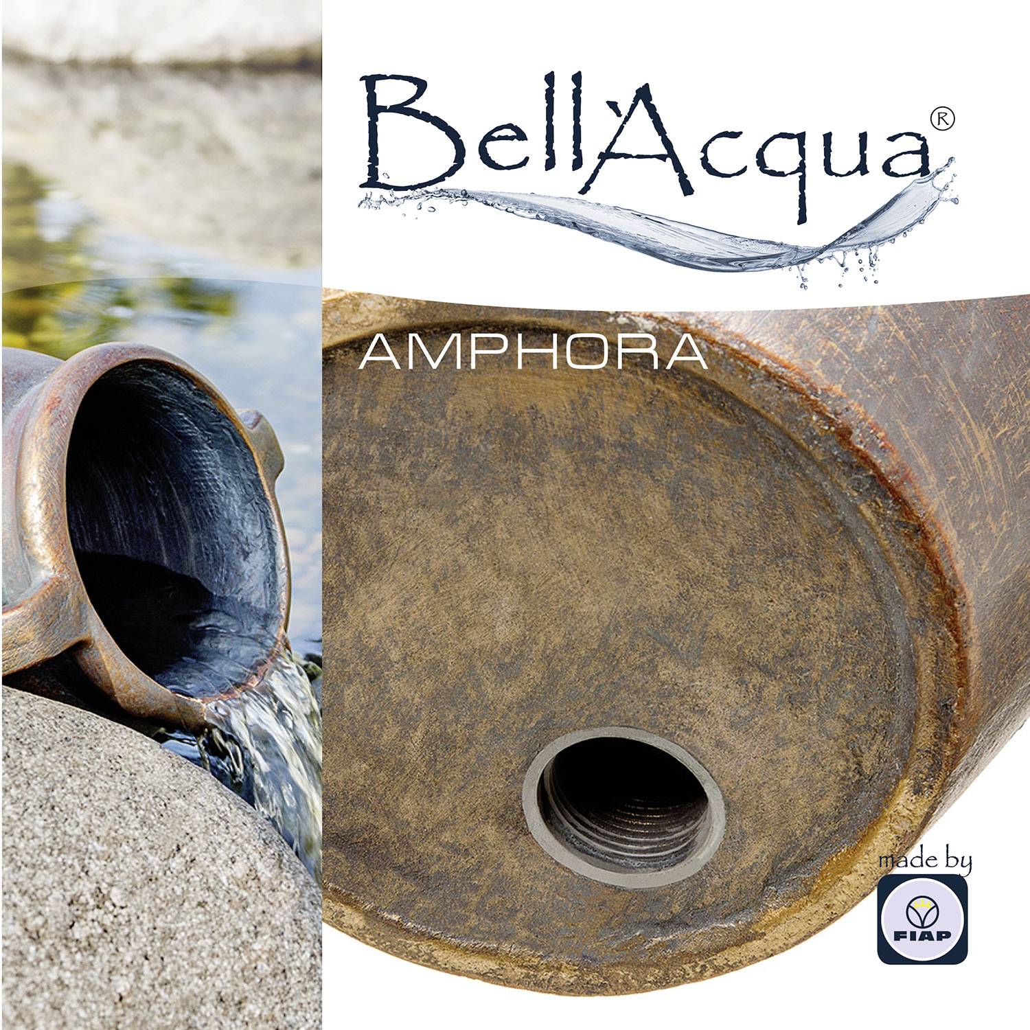 'Bell Acqua Amphora tillverkad av FIAP' visar en rustik amfora med rinnande vatten, placerad dekorativt på en sten.