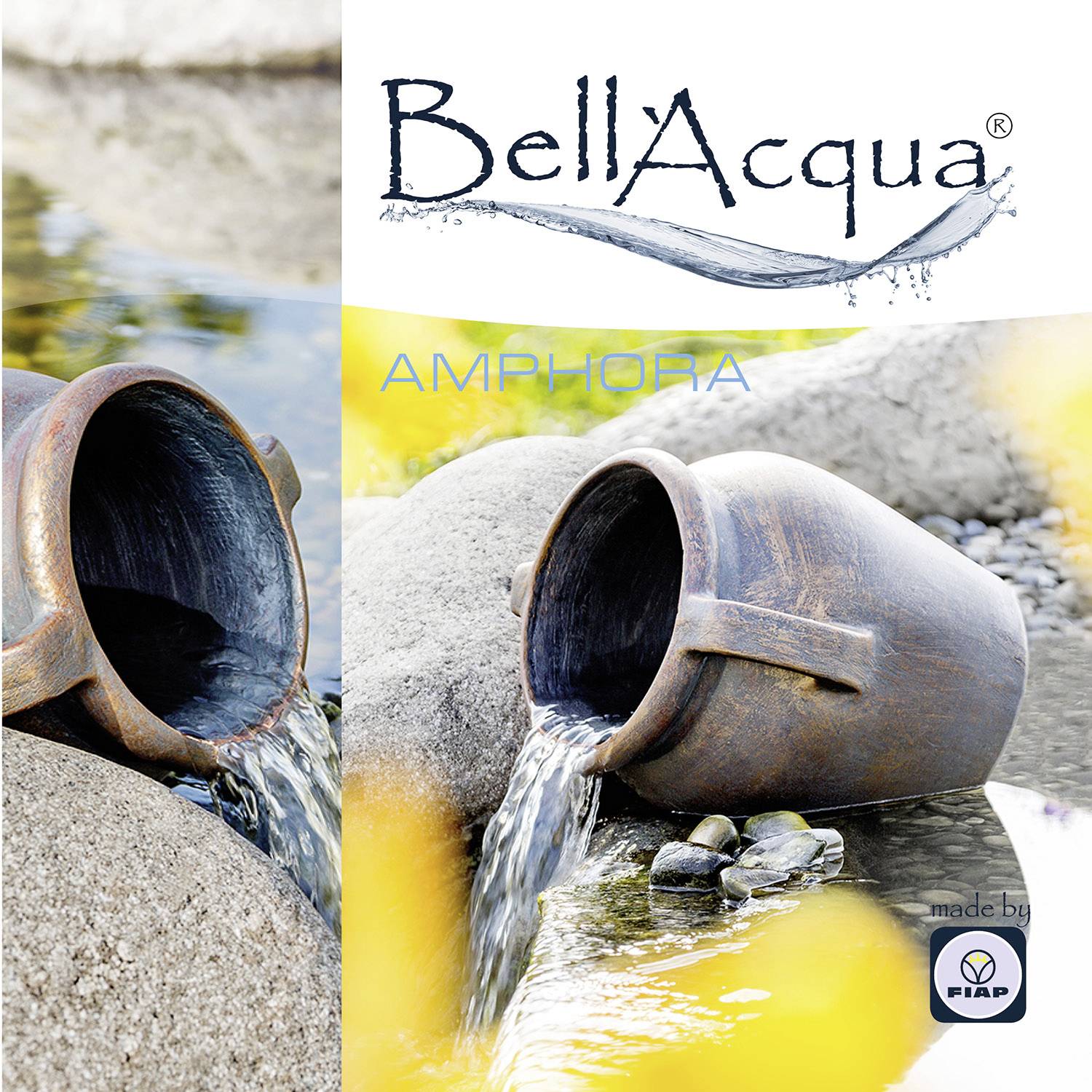 En lerkruka ligger på en sten vid vattnet. Ovanpå står det 'Bell Acqua AMPHORA'. Till vänster rinner vatten ut ur krukan.