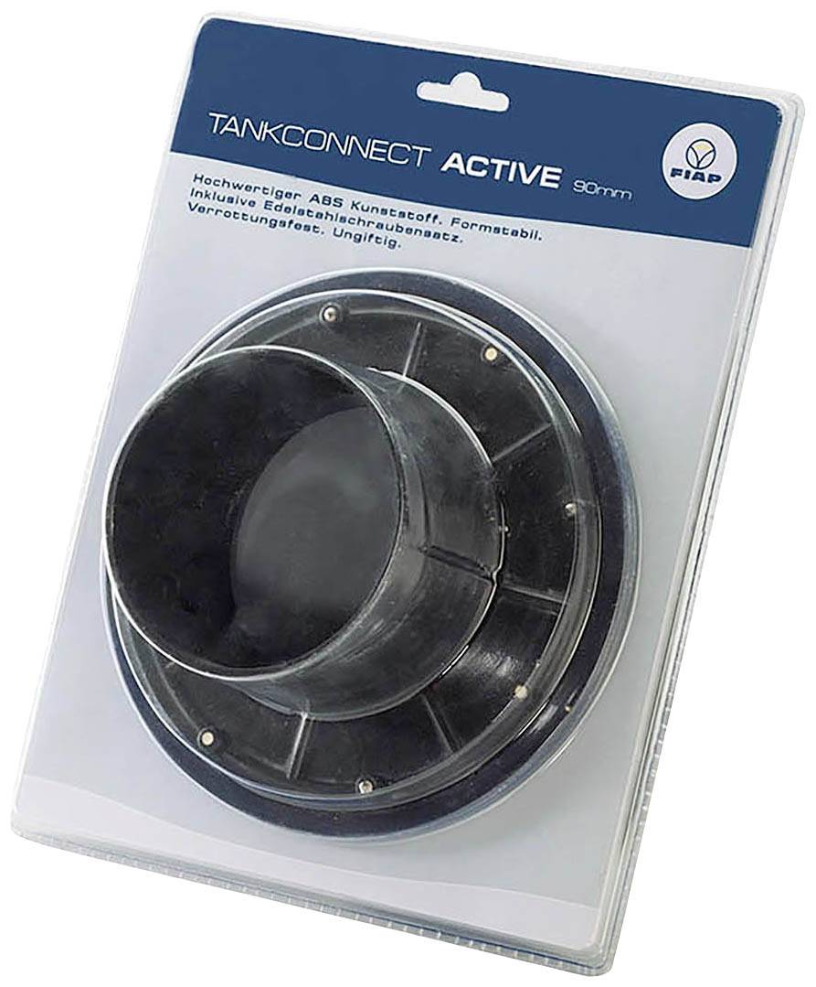 Förpackning för tankanslutning 'TANKCONNECT ACTIVE 90mm', tillverkad av plast med rostfri skruvuppsättning. Märkt som giftfri och formstabil.