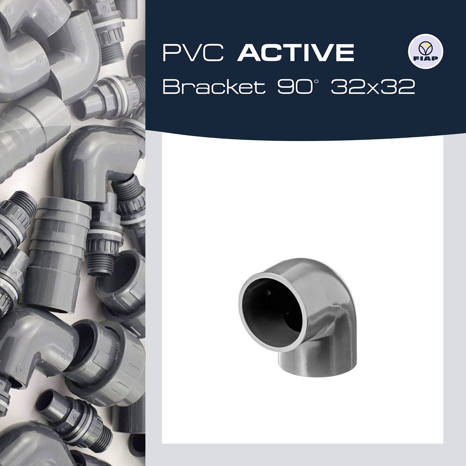 Grå PVC-vinkel 90° 32x32, markerad och bredvid en samling av andra vinklar. Inskription: 'PVC Active Bracket 90° 32x32'.